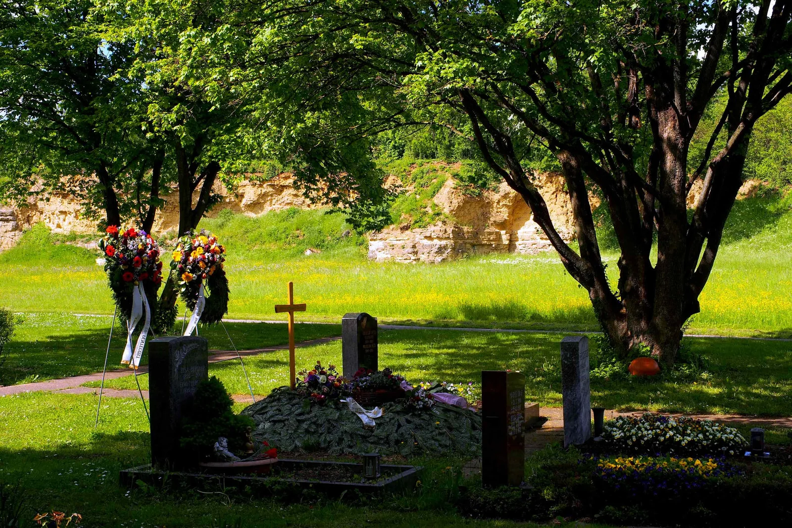 Schattige Grabstätte unter einem weit ausladenden Baum vor der Felswand auf Friedhof Zuffenhausen